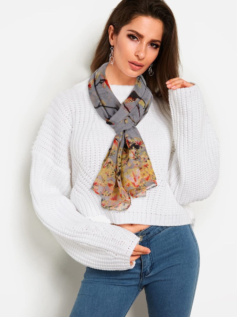 GERINLY Floral Birds Work Scarves for Womens Lightweight Cotton Shawls and Wraps Soft Thin Neckwear Head Scarf (Grey) - Image 4